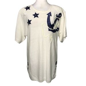 NWT Vintage Bonnie Lee LeRoy 1X Cream & Blue Anchor & Stars Short Sleeve Sweater